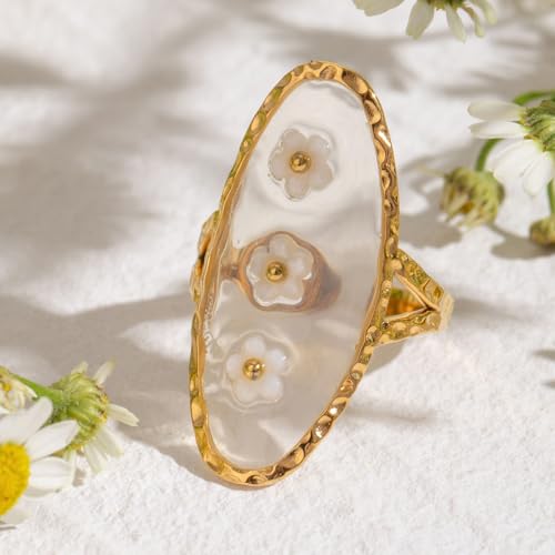 Oval White Flower Statement Ring for Women Gold Plated Titanium Steel Adjustable Shell Pressed Blossom Forgot-Me-Not Flowers Open Band Rings Fashion Vintage Geometric Wedding Holiday Jewelry3