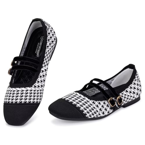 Image of Frank Mully Women's Flats Square Toe Mary Jane Shoes Ballet Flats with Strap Comfortable Slip On Knit Shoes Dressy Casual