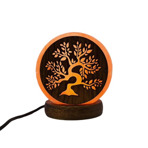 AROMASENSES | Lámpara de Sal del Himalaya USB | Hecha a Mano, Base de Madera | Lámpara Relajante para Mesita de Noche y Oficina, Luz Fija, 100% Natural | Sal Rosa del Himalaya | BONSÁI