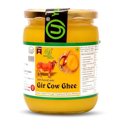Yugmantra Organic Foods Desi Gir Cow Ghee (500 ml x 2 = 1000 ML) | Traditional Bilona Method | Lactos and Gluten free | Grassfed, Natural And Healthy Desi Cow Ghee | Glass Bottel
