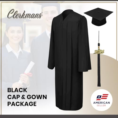 Image of CLERKMANS Unisex Matte Graduation Cap Gown Tassel Package, High School and University