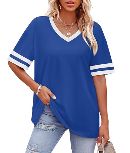 Image of WIHOLL Womens T Shirts Loose Fit Short Sleeve Tees V Neck Color Block Summer Tops 2026 Fashion S-4XL