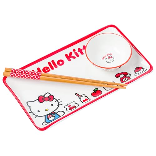 Image of Silver Buffalo Sanrio Hello Kitty Ceramic Sushi Set with Dipping Sauce Dish and Matching Chopsticks