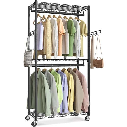 SONGMICS Heavy-Duty Rolling Clothes Rack, Garment Rack, Portable Closet, 29.5-Inch Wide Clothing Rack on Wheels, with Adjustable Mesh Shelves and Hanging Rails, Hooks, Ink Black ULGR412B01