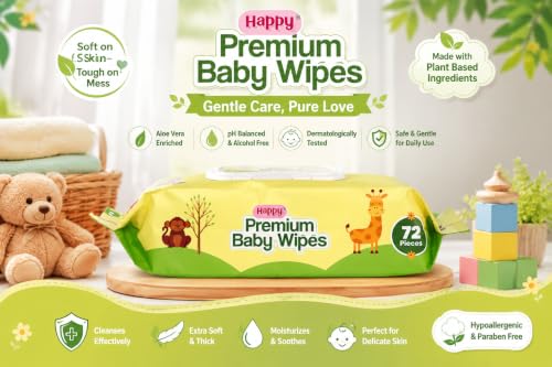 Image of Happy Premium Baby Wipes Export Quality with Aloe Vera & Vitamin E Alcohol-Free, Dermatologically Safe & pH Balanced | Gentle Skin Care for Newborns & Toddlers | Flip-Top Lid for Lasting Moisture (3, 72 count (pack of 3))
