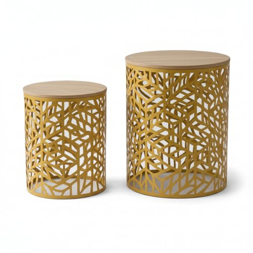 Cribel Set Tavolini Forest in Rovere e Metallo Oro – Tavolino Salotto Moderno con Piano Effetto Legno e Struttura in Metallo Laccato Oro, Ideale per Soggiorno, Divano e Consolle Ingresso