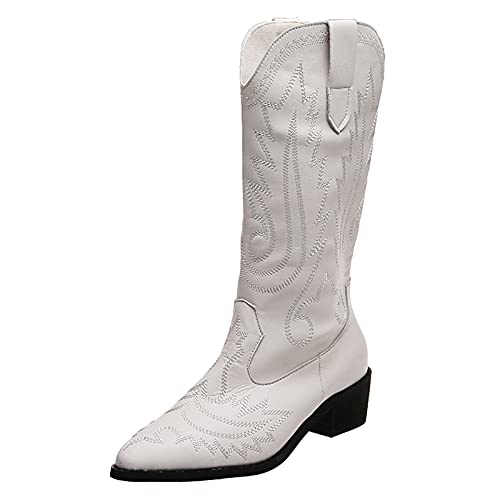 Stiefel Damen, Stiefel mit Absatz Plateau Cowboystiefel Mode Retro Blockabsatz Kniehoch Langschaft Hohe Stiefel Cowboy Boots Lang Stiefeletten Winterschuhe Damenstiefel Fur Frauen