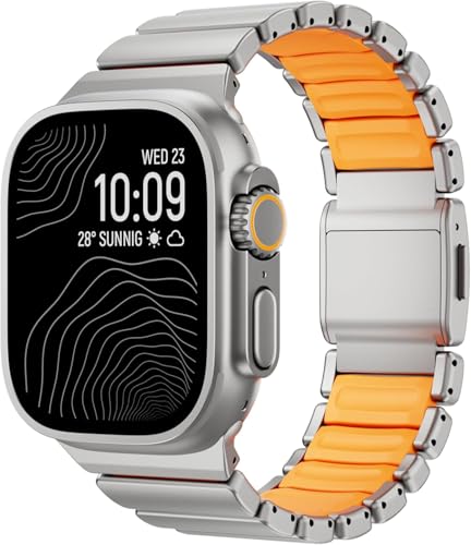 Image of Morofy Titanium Silicone Dual-Layer Link Bands Compatible with Apple Watch Band Ultra 3 /2 /1 49mm 46mm 45mm 44mm Men Women Magnetic Clasp Metal Strap for iwatch Series 11 10 9 8 7 6 5 4 SE (Silver|Orange)