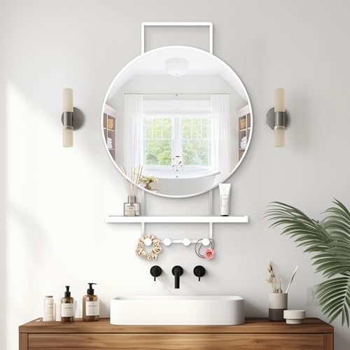 Image of BEAUTME Wall Mirror with Shelf and Hooks, 32x22 Inch Metal Framed Round Bathroom Mirrors with Shelf, Modern Farmhouse Wall Decor for Living Room Bedroom Entryway, Vertical (White)