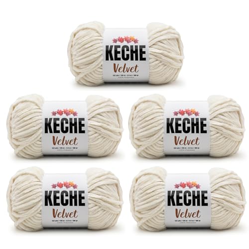 Image of Keche Velvet Yarn for Crocheting, Soft Chenille Bulky Baby Blanket Amigurumi Yarn 100 gr (132 yds) (Cream, 5 SKEINS)