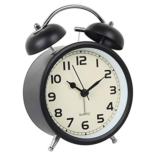 Retro Double Bell Alarm Clock Bedside Silent Non-Ticking (Black)