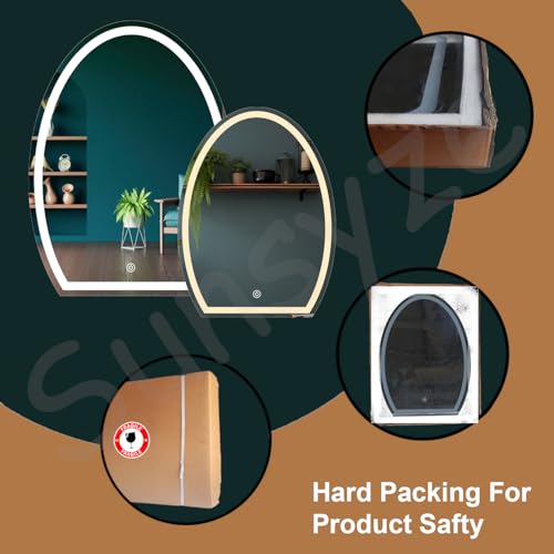 Image of Sunsyze LED Mirror for Bathroom, Washbasin and Office, 18x24 Wall Mounted Half Oval Shape Mirror with Light /3 Color Light (Warm, White and Natural Light) Brightness Adjustable