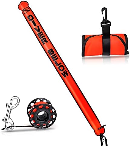 Surface Marker Buoy Set, 6ft Hi-Visibility Inflatable Closed Bottom Signal Tube Safety Sausage with 100ft/30m ABS Finger Spool Reel and Snap Clip Kit for Underwater Scuba Diving Equipment (Hi-viz Red)