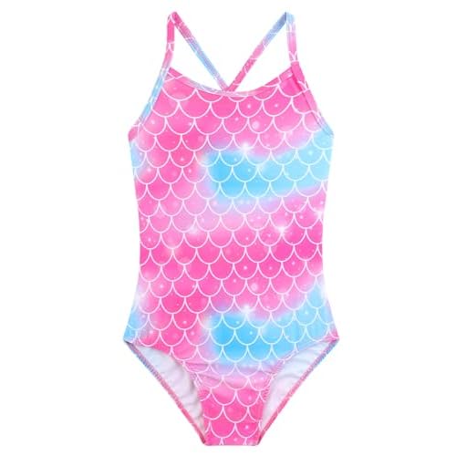 Girls One Piece Swimsuits Summer UPF 50+ Quick Dry Beach Bathing Suit Cross Shoulder Strap Swimwear 2-10 Years Pink Mermaid 4-5T