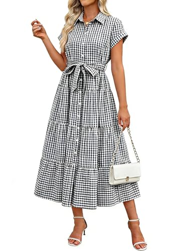 utcoco Womens Casual Short Sleeve Button Down Tie Waist Ruffle Plaid Maxi Shirt Dress with Pocket (Medium, Black)