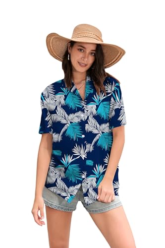 Image of Betusline Girls' and Womens' Hawaiian Shirt Blouse Button Down Beach Shirts | Casual breathable and comfortable Short Sleeve V-Neck Floral Tropical Blouse