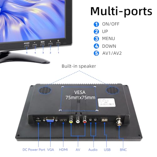 Image of 10.1 Inch Small Computer Monitor, 1920x1200 Mini PC Display with HDMI VGA AV BNC USB Intput, Built-in Speakers, VESA, Remote Control