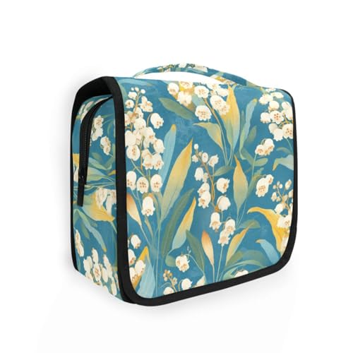 Lily of The Valley Turquoise Background Travel containers for toiletries with Hanging Hook Necessities Bag for toiletries Bathroom