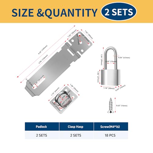 Image of 2 Sets 5 Inch Padlock Hasp Latch Locks, Stainless Steel Padlock with 1.5 inch Long Shackle, Door Lock Latch for Cabinets Closets or Gate (Silver)