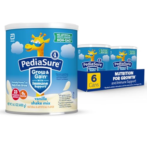 PediaSure Grow & Gain with Immune Support Shake Mix Powder, 23 Vitamins & Minerals, 6g Protein, Non-GMO, Gluten-Free, Kids Nutrition, Vanilla, 14.1 oz Can, Pack of 6-48 servings