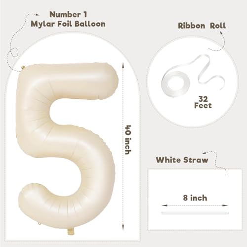 Image of Number Balloons for Birthday Decorations - 40 Inch Large Party Balloons 5, Cream Foil Number Balloons for Boys Girls, Balloons for Party Supplies