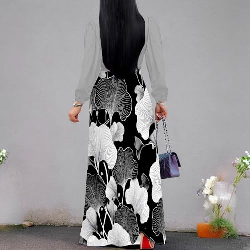Image of Women's Plus Size Maxi Dresses Long Sleeves V Neck Floral Print Bohemian Swing Long Dress with Belt
