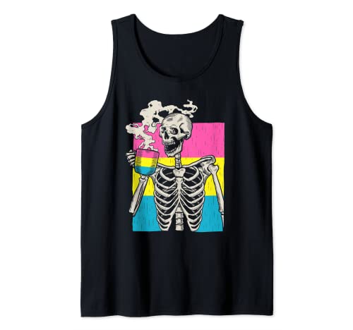 Esqueleto Beber Café LGBT-Q Pansexual Orgullo Pan Bandera Camiseta sin Mangas
