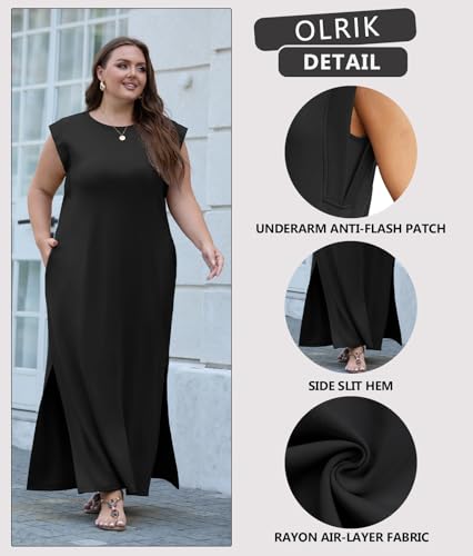 OLRIK 2025 Summer Women's Plus Size Maxi Dresses for Curvy Women Casual Split Long Dress with Pockets4