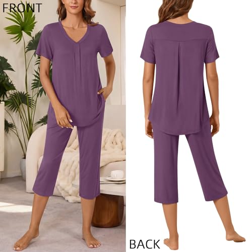 Image of Bestbee Women's Pajama Sets 2 Piece Lounge Outfits Summer Sleepwear V Neck Short Sleeve Capri Pant With Pockets Ladies Pjs