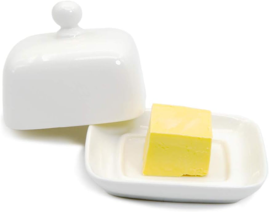 NAGU Small Rectangle Butter Dish with Lid, White Procelain Domed Cheese Dish with Handle Individual Serving Mini Butter Tray, Cute Ceramic Dessert Serving Bowl for Table, Countertop, Refrigerator