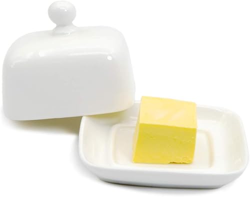 NAGU Mantequera rectangular pequeña con tapa, plato de queso abovedado de procelain blanco con asa, mini bandeja de mantequilla para servir, lindo
