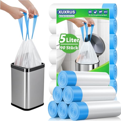 XUXRUS Sacs à ordures de 5 litres avec cordon de serrage, sacs à ordures de 90 pièces avec poignée de transport, sacs à ordures blancs
