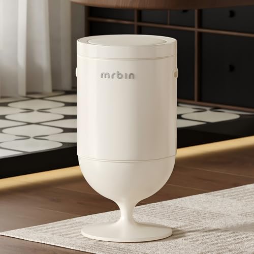 Image of MRBIN Metal Bathroom Motion Sensor Trash Can with Lid, 5.3 Gallon Wine Glass Shaped Automatic Waste Basket Touchless, Smart Round Tall Garbage with High Leg for Office, Bedroom, Kitchen, Cream White