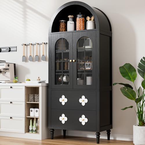 DoCred 71" Tall Arched Kitchen Pantry with Glass Doors, Retro