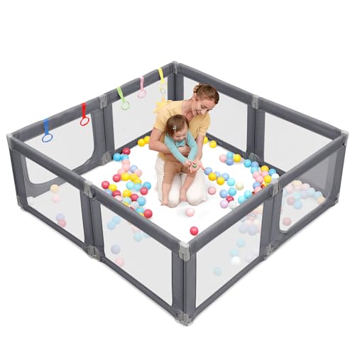 Image of Dripex Foldable Baby Playpen, 71"×69" Play Pens for Babies and Toddlers, Safe Anti-Fall Play Yard with Gates, Baby Fence with Breathable Mesh, Indoor & Outdoor Kids Activity Center, Ash Grey