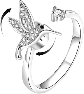 Cute Rotating Hummingbird Fidget Anxiety Open Ring Adjustable Crystal Spinner Stress Relief Stackable Rings Sterling Silver Plated Wedding Statement Jewelry Birthday Xmas Gifts for Women Daughter
