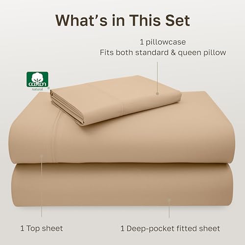 Image of California Design Den Twin Bed Sheets 100% Cotton Sateen, 600 Thread Count, Soft, Twin Sheet Set, Bedding Sheets & Pillowcases (Golden Tan)