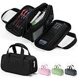 Zannaki Large Pencil Case, Big Capacity Pencil Pouch Pen Bag with 3 Compartment, Portable Canvas Stationery Organizer with Zipper, Cute Aesthetic School Supplies for Teen Girls Boys College,Black