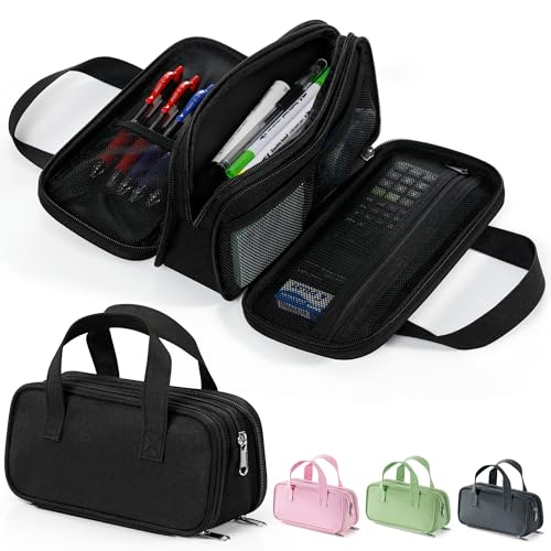 Zannaki Large Pencil Case, Big Capacity Pencil Pouch Pen Bag with 3 Compartment, Portable Canvas Stationery Organizer with Zipper, Cute Aesthetic School Supplies for Teen Girls Boys College,Black