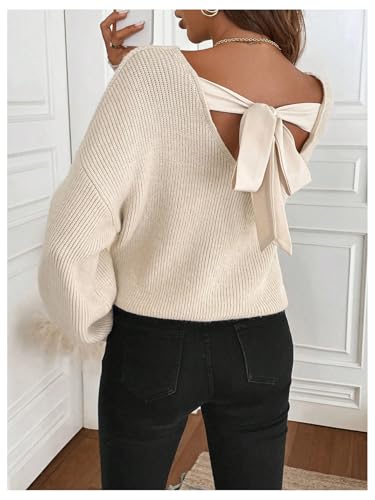 Image of GORGLITTER Women's Bow Fall Sweaters 2025 Cable Knit Chunky Oversized Long Sleeve Backless V Neck Pullover Tops