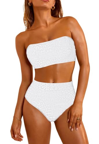 Pink Queen Women 2 Piece Bandeau Swimsuits Strapless Textured Bikini Set High Waisted Bathing Suits