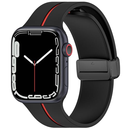 SCINYMC Silicone Magnetic Bands Compatible with Apple Watch Band 49mm 45mm 44mm 42mm, Women Men Strap Sport Correa Compatible for iWatch Ultra SE Series 9 8 7 6 5 4 3 2 1, Black-red