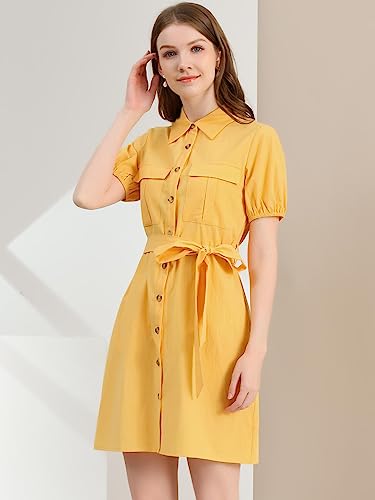 Image of Allegra K Women's Safari Dress Collared Short Sleeve Cotton Belted Button Down Shirt Dresses