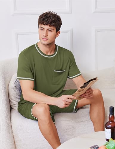 Image of Ekouaer Men's Pajamas Set Casual Short Sleeve Shirts and Shorts Soft 2 Piece Loungewear With Pockets