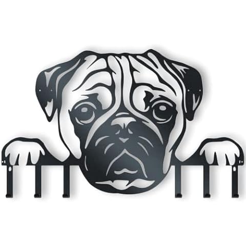 Metal Wall Art For Garden & Home - Indoor Living Room, Bathroom, Kitchen, Bedroom & Outdoor Fence, Patio Wall Suitable. Non-Bend Black Metal Pug Dog Coat Hooks Hanging Decoration Contemporary Wall Art Cover