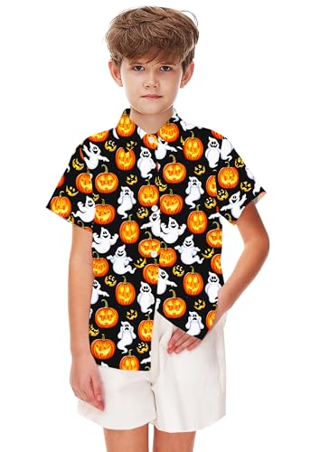 Image of Remimi Unisex Kids Halloween Shirt Boys Pumpkin Ghost Shirts Hawaii Button Up Tops 5-14 Years
