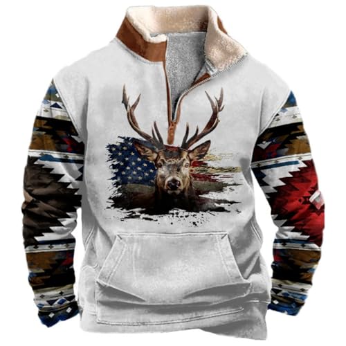 Mens Fleece Aztec Sweatshirt Western Half Zip Pullover Tops 2024 Winter Warm Long Sleeve Ethnic Cowboy Jackets