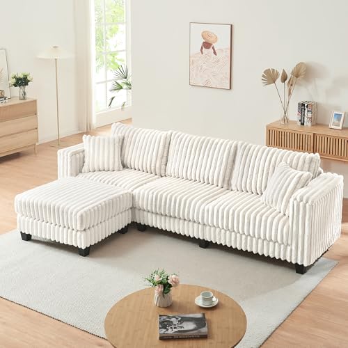 AVZEAR L-Shaped Faux Rabbit Fur Sectional Sofa with Ottoman