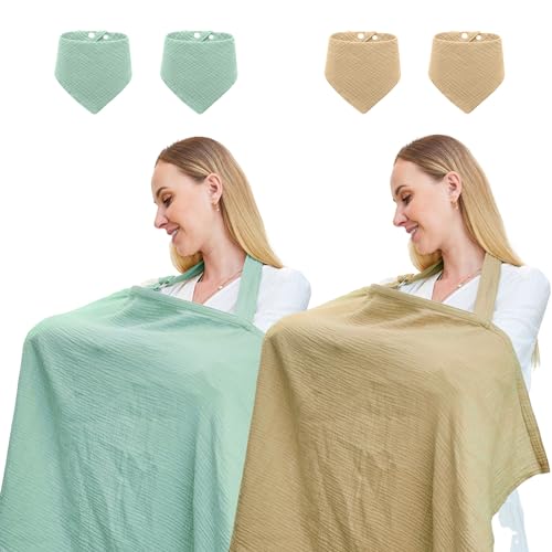 Image of TATAVR 2Pack Muslin Nursing Covers for Breastfeeding, Privacy Breast Feeding Cover with Arch Neckline for Mom and Baby, 100% Cotton Nursing Apron Multi-Use Stroller Cover(Included Four Baby Bibs)