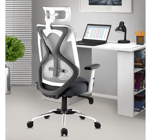 Image of Ergonomic Office Chair for Home & Office | Adjustable Headrest, Armrests & Lumbar Support | Mesh Back | Tilt Lock Mechanism | Heavy Duty Chromium Metal Base, Grey